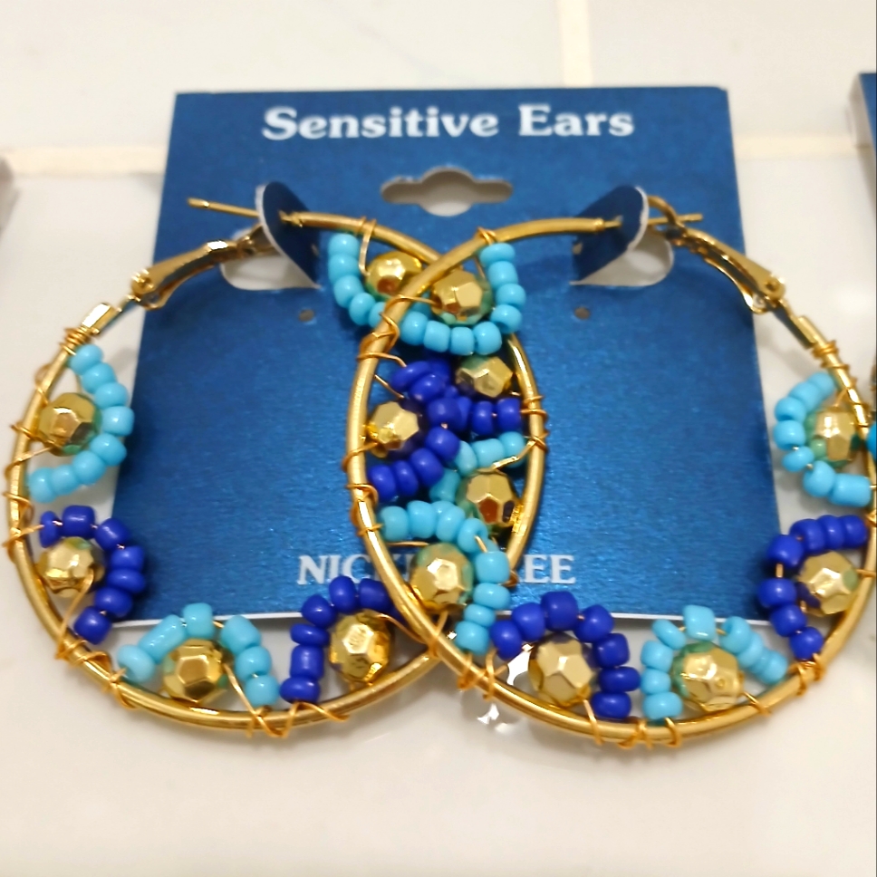 Nwt Blue Gold Beaded Hoop Earrings By Sensative Ears Nickle Free